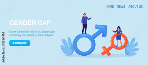 Gender business gap. Businessman and woman standing on gender symbol. Female discrimination. Inequality between men and women wage and career opportunity, salary disparity. Unequal rights