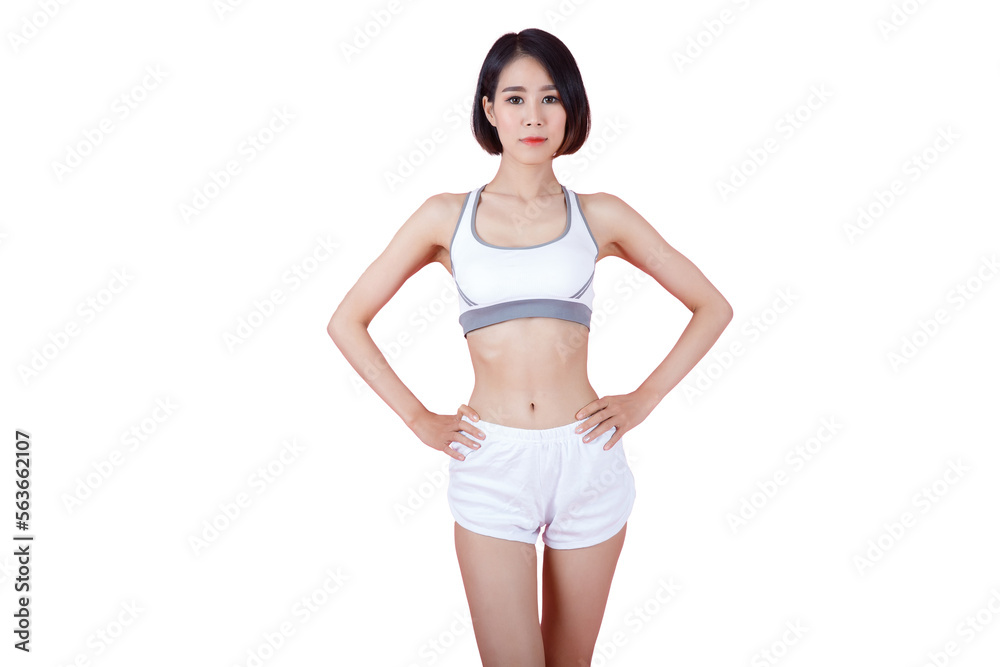 Confident sportswoman in white sportsbra, holding hands on waist, fitness trainer standing in power pose, workout in gym, pink background. Confident sportswoman in white sportsbra, holding hands on waist, fitness trainer standing in power pose, workout in gym, pink background.