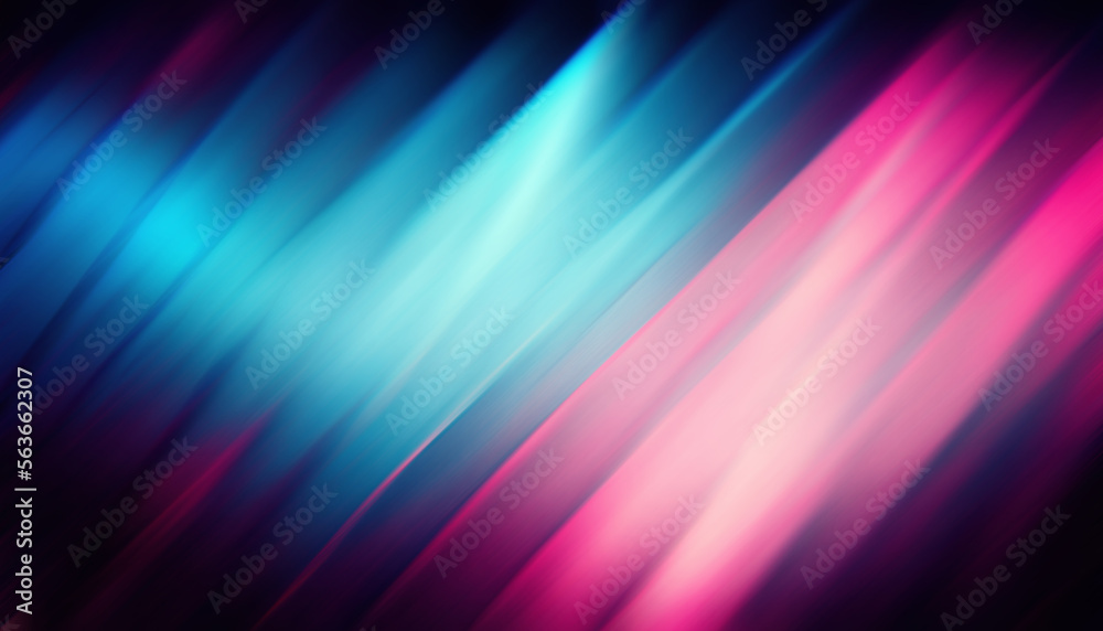 Blur rays. Neon glow abstract background. Night illumination. Defocused pink blue color fluorescent stripes light motion on dark black art illustration.