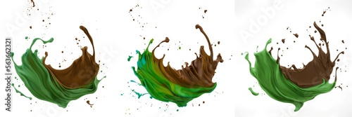 A collection of realistic illustrations of melted chocolate and green cream with splashes isolated on a white background, suitable for showcasing delicious food products. Generative AI.