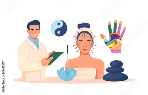 Chinese traditional alternative medicine. Acupuncture, treatment of internal organs. Practitioner therapist, acupuncturist working on female patient. Aromatherapy. Stress relief, healing process