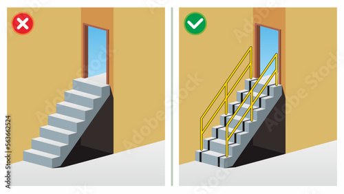 Missing handrail on the staircase for people access. Unsafe work condition and act. Workplace safety do's and dont's vector illustration.