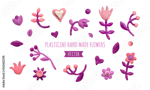 Set various flowers, leaves, herbs and plasticine hearts. Pink and lilac plasticine clay 3D illustration isolated