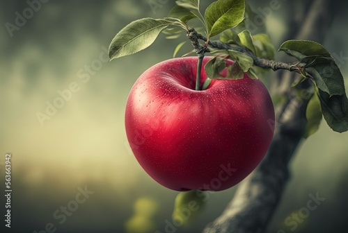 beautiful ripe big red apple on tree with light glow from behind Generative Ai	