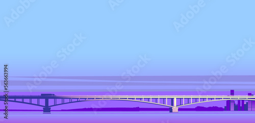 bridge over a river or bay, skyline, cars on the bridge, tall houses on the horizon