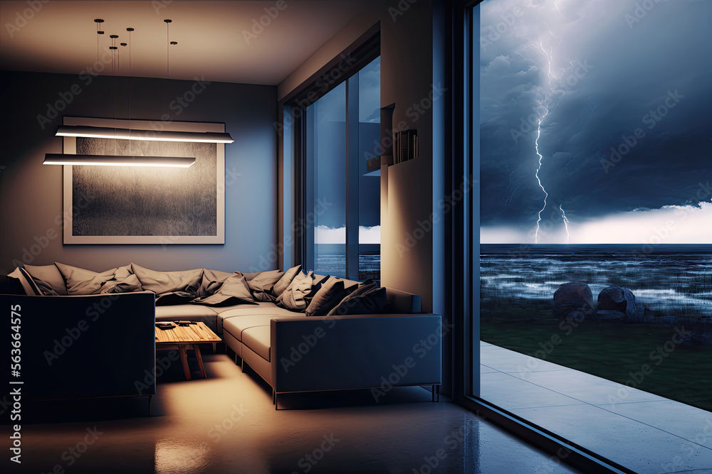 Fototapeta premium Storm-Proof Sanctuary: A Modern, Energy-Efficient Room with Large Windows for Natural Light and Storm Watchin. Generative AI