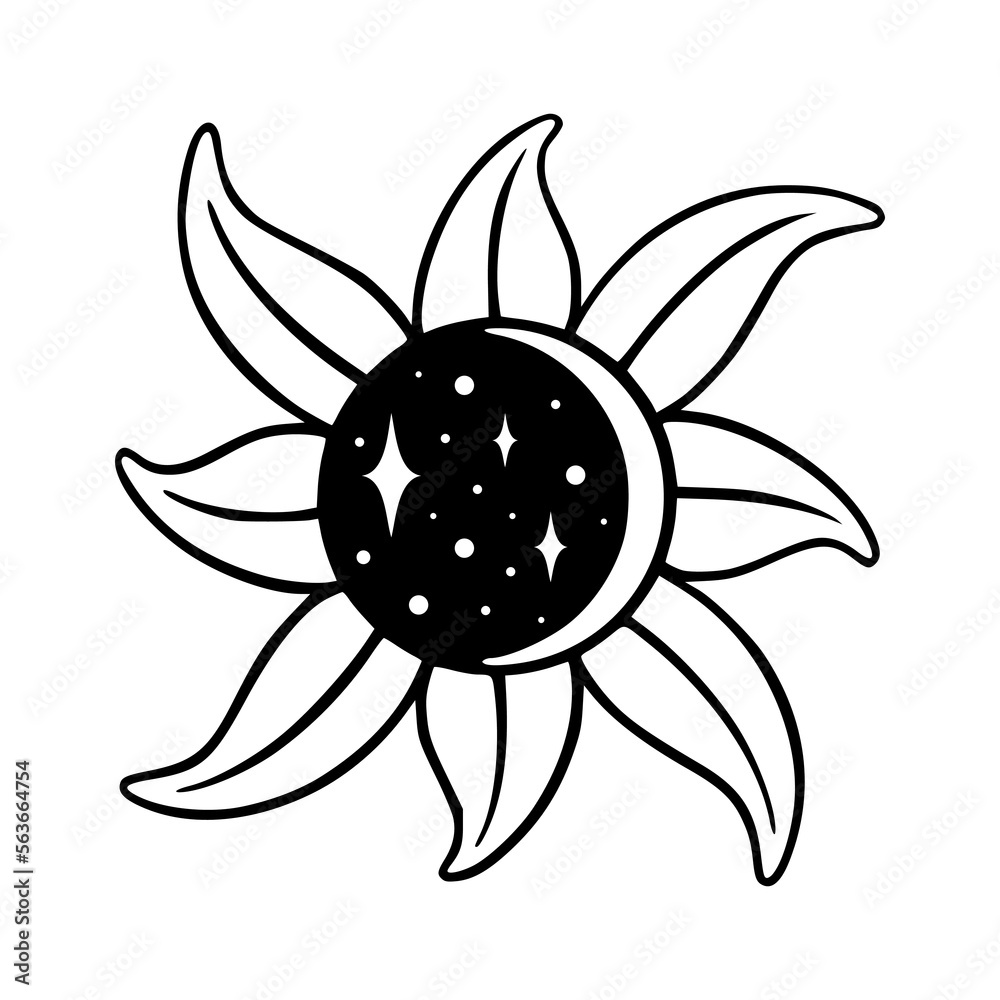 Tarot sun and crescent moon with stars. Astrology tarot elements with celestial and antique symbols. Vector illustration isolated in white background Tarot sun and crescent moon with stars. Astrology tarot elements with celestial and antique symbols. Vector illustration isolated in white background