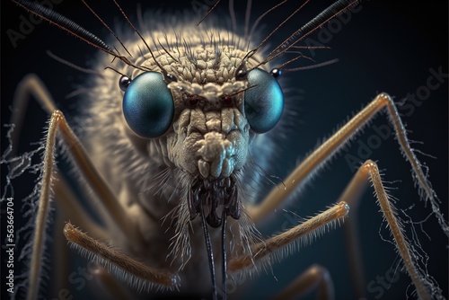  a close up of a mosquito with blue eyes and a black background with a black background and a black background with a white background and blue background generative ai