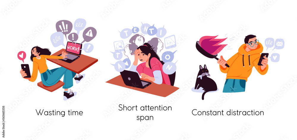 Modern social media problems, peculiarities and differences. Concept business illustrations. Internet and gadget addiction