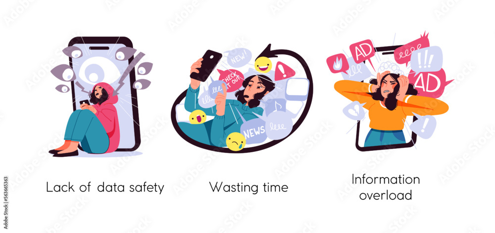 Modern social media problems, peculiarities and differences. Concept business illustrations. Internet and gadget addiction