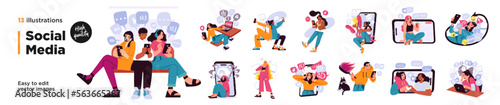 Modern social media problems, peculiarities and differences. Concept business illustrations. Vector
