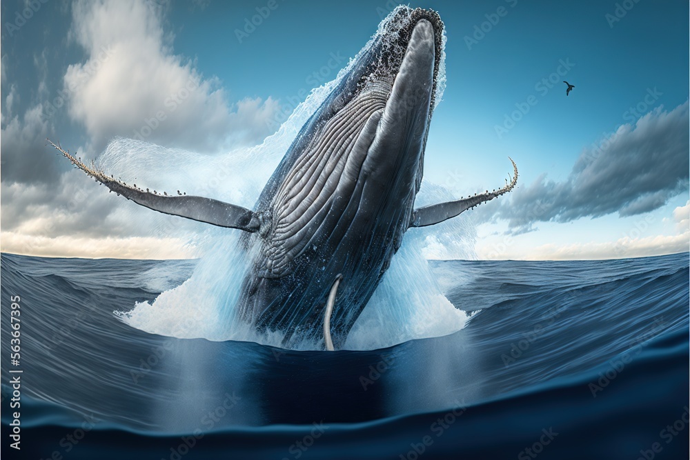 a whale jumping out of the water with its mouth open and it's tail out ...