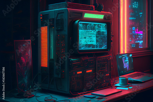 A neon-lit, cyberpunk-themed computer terminal, generative ai