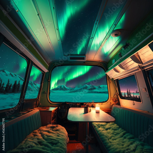 Interior of a camper van at night with northern lights. Road Trip. Generative AI.