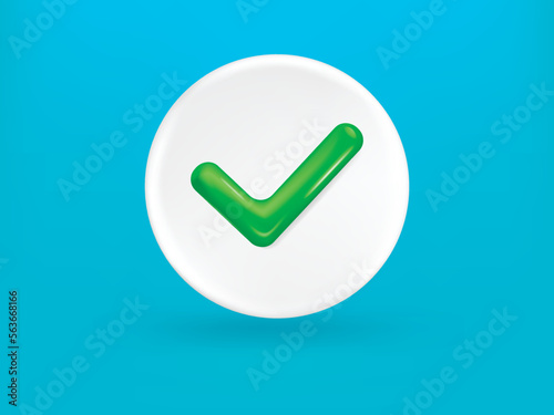 Check mark with correct. Tick checkmark green color. Tick checkmark green color. Realistic 3d design In plastic cartoon style. Icon isolated on white background. Vector illustration