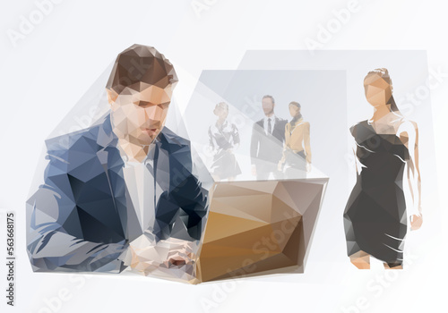 Business people working in office, low poly vector illustration. Group of business men and women