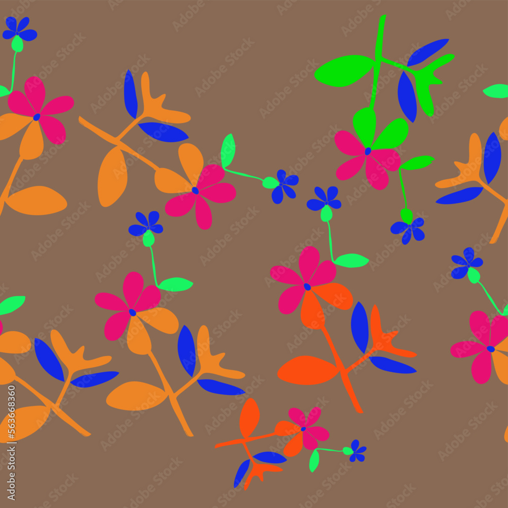Horizontal stylized colored branches, leaves, flowers . Hand drawn.
