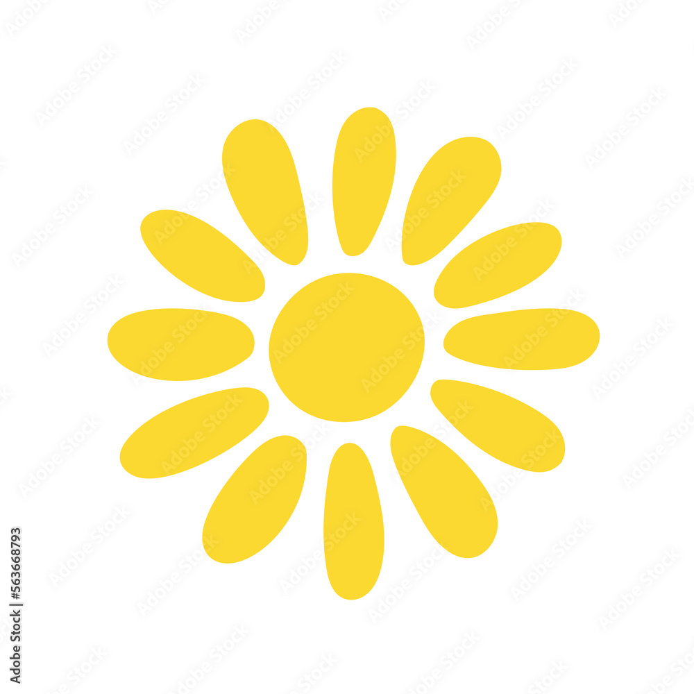 Simple yellow sun vector flat illustration with round shape middle, cute summer image for making cards, decor, vacation concept and holiday and summertime design for children Simple yellow sun vector flat illustration with round shape middle, cute summer image for making cards, decor, vacation concept and holiday and summertime design for children