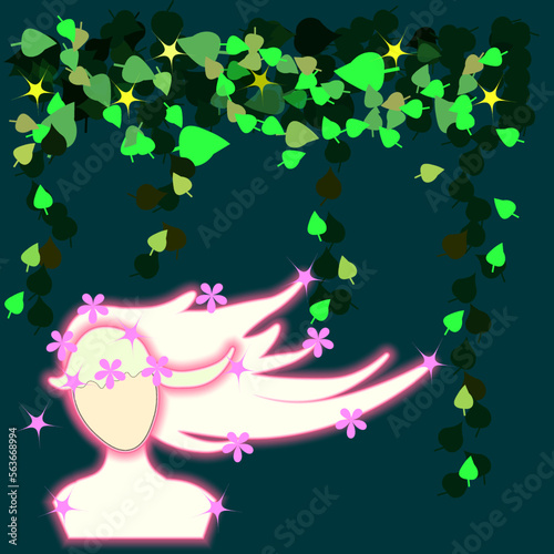  Spring. On a green background  framed by green leaves  is the silhouette of a girl with hair developing in the wind