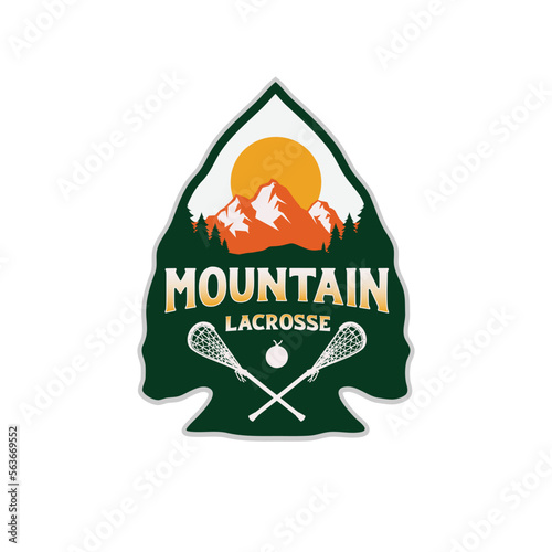 Badge illustration of lacrosse sport logo design vector with mountain sunset outdoor element