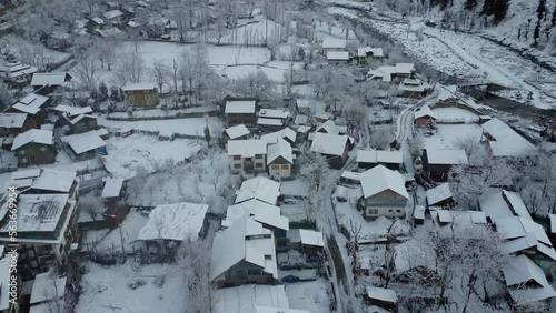 Pahalgam winter snowfall drone view Kashmir india photo