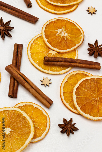Orange chips, cinnamon sticks and star anise.