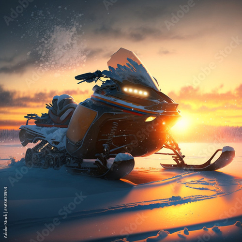 Snowmobile in the snow at sunset. Generative AI.