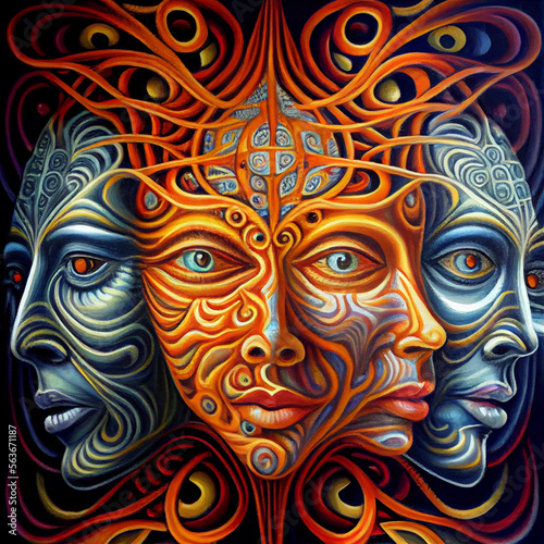 Colorful psychedelic portrait, abstract surreal illustration with five heads