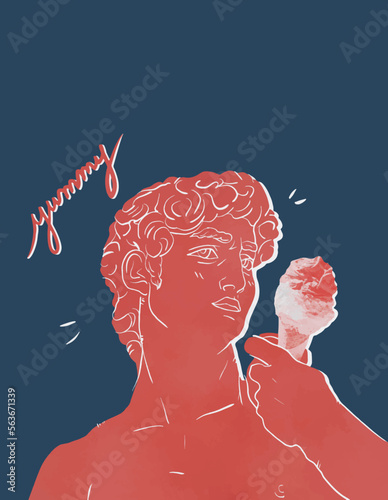 David di Michelangelo che mangia un gelato illustrazione vettoriale originale colorata. Illustrazione creativa design moderno