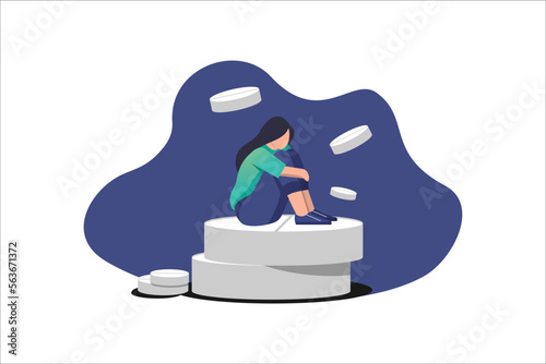 Concept of medication treating illness or disorder. Concept of antidepressants. Depressed woman is sitting on big pill. Medicine. Flat. Vector illustration.