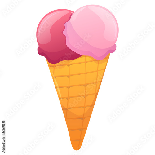 Ice cream balls in the waffle cone isolated on white background. Vector flat cartoon illustration. Tasty summer dessert. Pink Valentine's day sweets