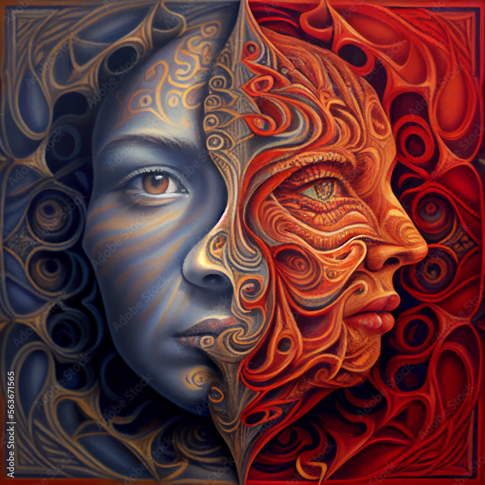 Abstract portrait with two heads, duality, autoscopy, out-of-body experience, trippy illustration