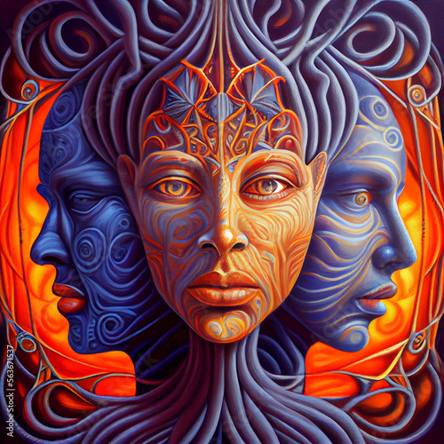 Colorful psychedelic portrait with three heads, abstract surreal illustration