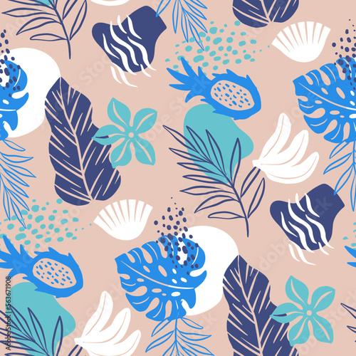Abstract vector seamless pattern with tropical fruits and leaves, vector hand drawn illustrations 