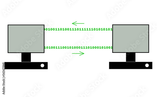 Two computers exchanging data. Illustration of data travel between computers. Basic representation of how data flow between computers in the internet © anasphotos2000
