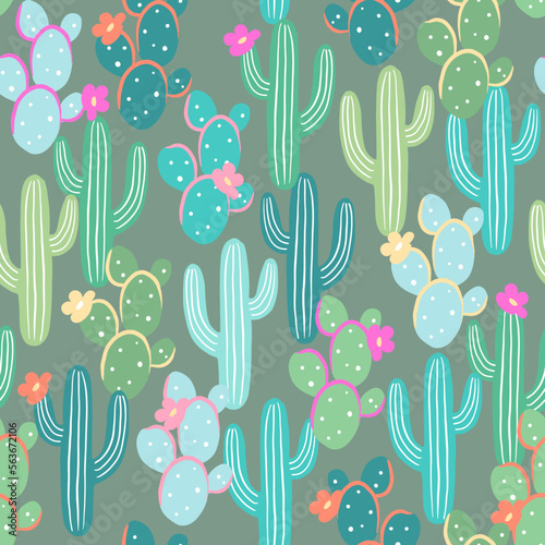 Cute cartoon cactuses, seamless pattern with vector hand drawn illustrations