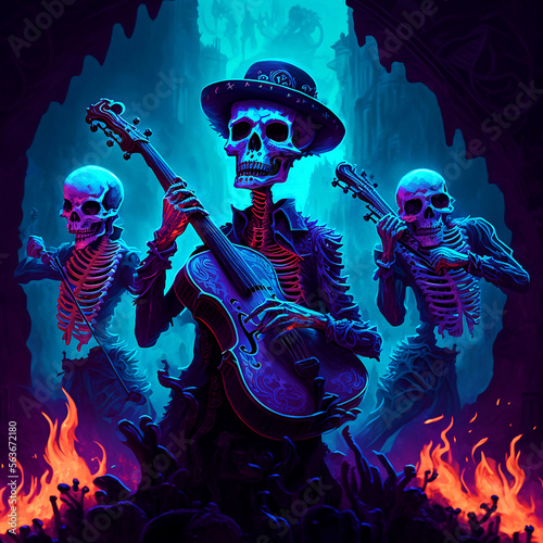 rock star skeleton with guitar,digital art