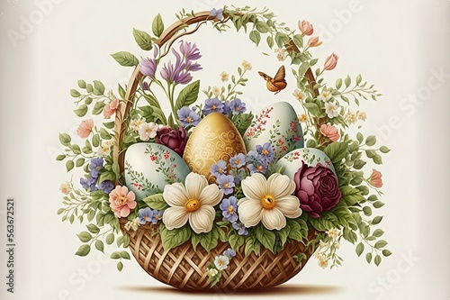 An easter egg basket with bouquet flowers with Generative AI technology.