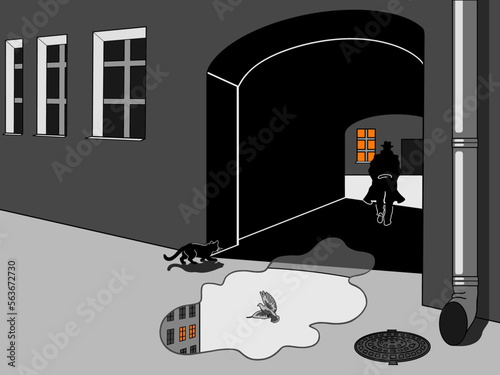 A man in a hat and a raincoat is walking in a doorway. Drawing on a black background.