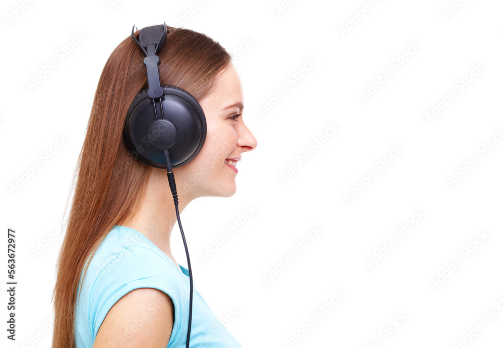 © Dmytro Panchenko - Profile of young woman with headphones listening to music - isolated on white.