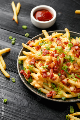 Fotografia Crispy French fries loaded with bacon, cheese sauce and spring onion