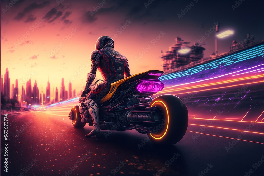 Speedway with riding Futuristic sport motorcycle  in a night city,cyberpunk motorcycle background    ,generative AI 
