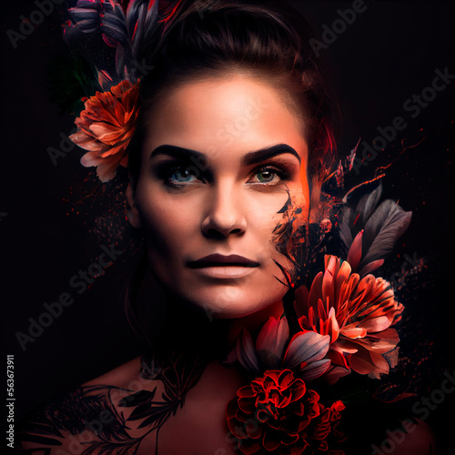 Woman with colorful flowers Illustration created by Generative AI technology