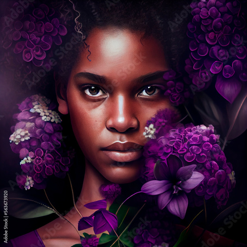 Black woman with purple flowers Illustration created by Generative AI technology