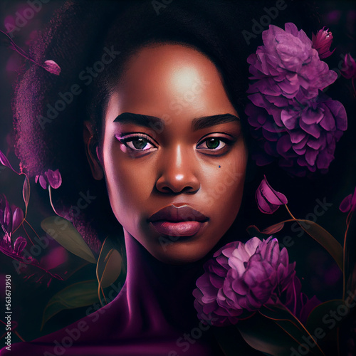 Black woman with purple flowers Illustration created by Generative AI technology