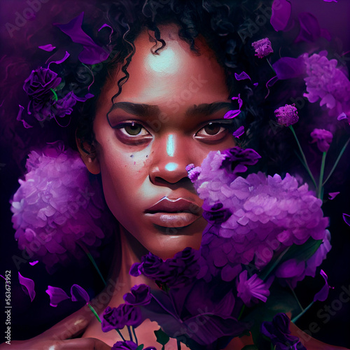 Black woman with purple flowers Illustration created by Generative AI technology