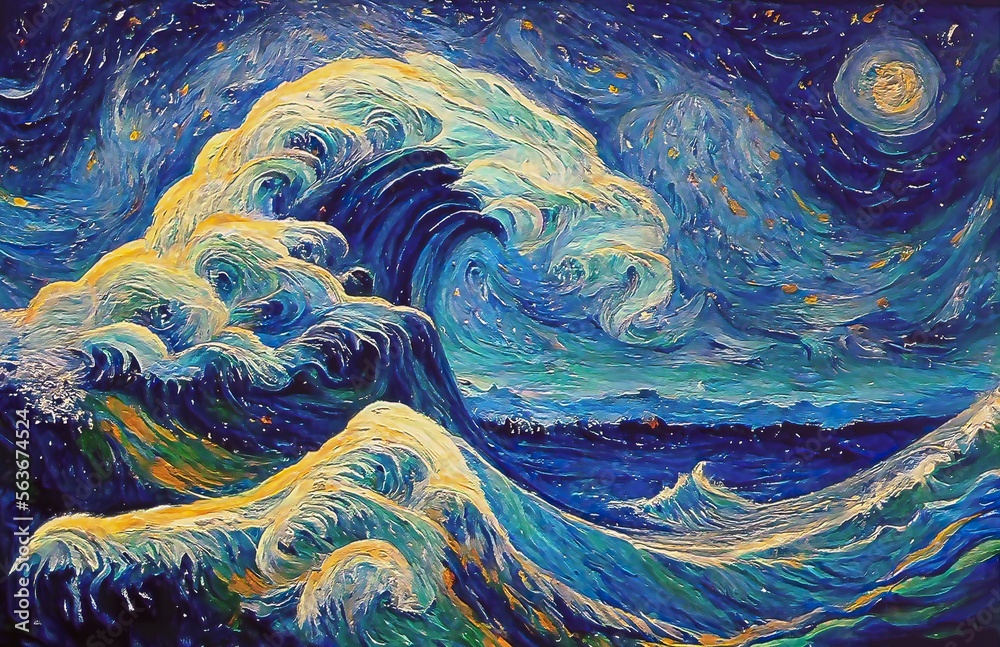 Great Wave Off Kanagawa Starry Night By Vincent Van Gogh Ilustra o Do 