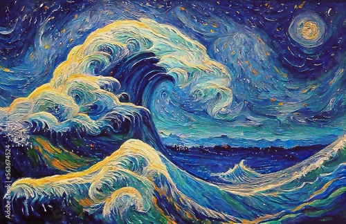 Fotografering Great Wave Off Kanagawa Starry Night by Vincent van Gogh