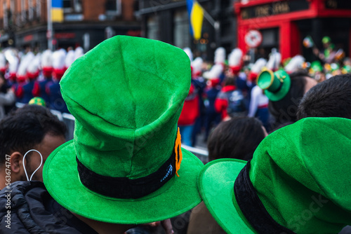 Photography Saint Patrick's day parade in Dublin green hats in the middle of the crowd