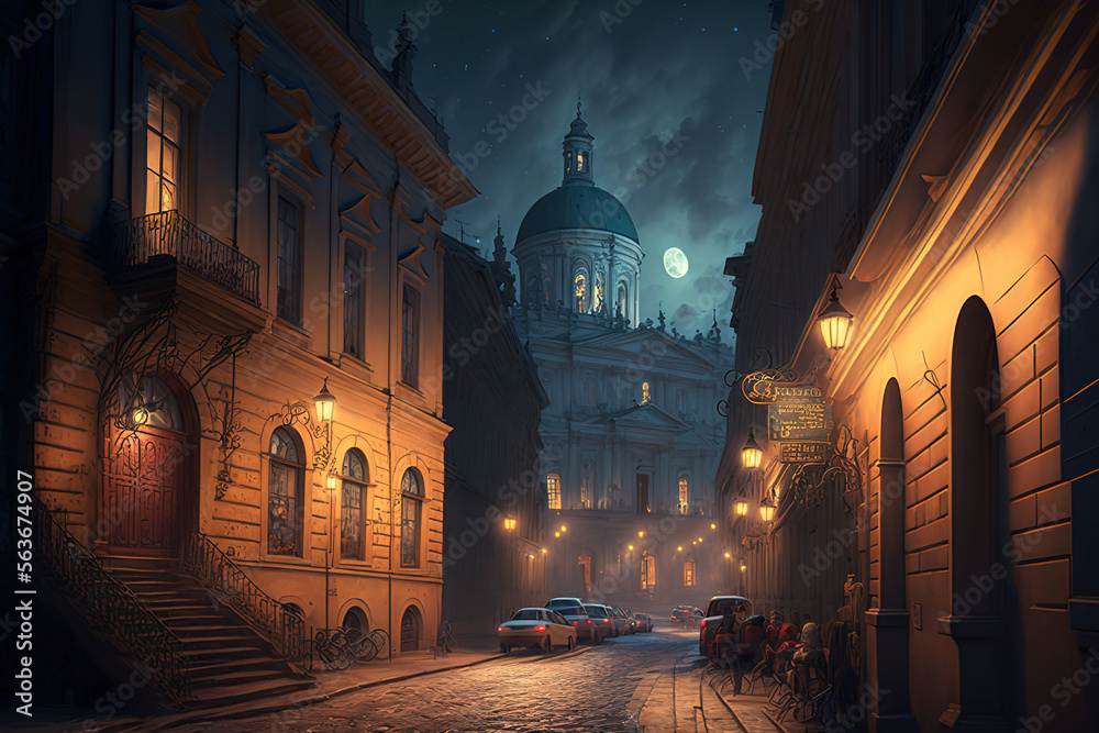 Night street of the old town. Facades of buildings of classical architecture on an old cobbled street. Gen Art